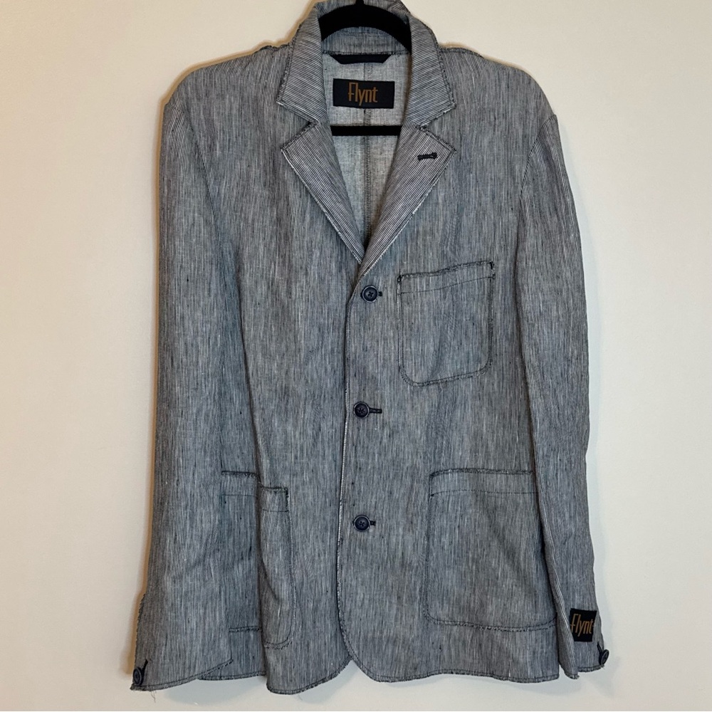 NWOT Q by Flynt Linen Blazer Model Gollum 38 R Raw Hem Men’s Black & White/Gray